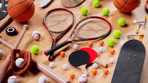 Huge variety of game equipment. Aerial view on a different kind of sports gear.