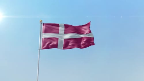 Realistic Denmark Flag Waving in Blue Sky