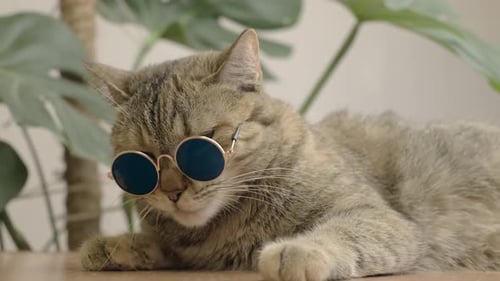 Cool Cat Lounging with Sunglasses and Houseplant