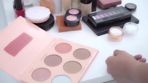 Makeup Brush Applies Blush from Palette Close Up
