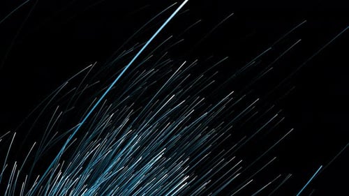 Hintergrund einer Kamera, die durch blaue Partikel fliegt