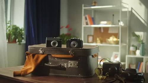 Vintage Suitcase and Cameras on Wooden Table