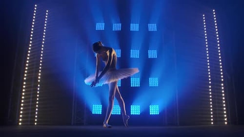 Elegant Ballerina Dancing Gracefully Under Blue Stage Lights