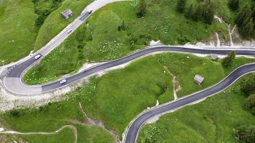 Curvy Mountain Road In Dolomites Aerial View, Italy