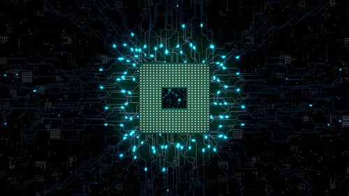Animated Microchip with Glowing Digital Data Flow