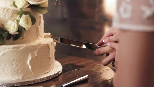 Close Up of Bride and Groom Cutting Their White Wedding Cake 1080p 60fps