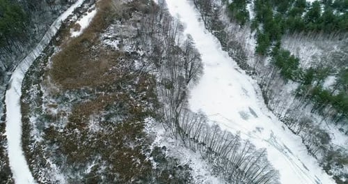 Winter Landscape Aerial Shot Forest Road Tree Snow
