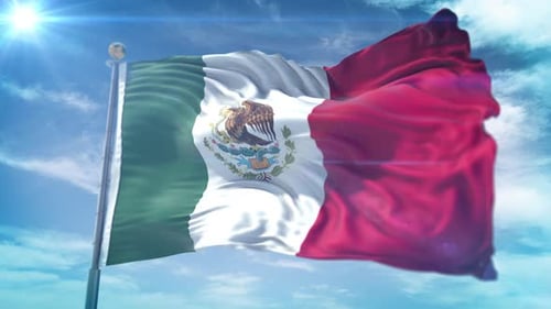 Realistic Mexican Flag Waving Proudly in Sunny Blue Sky