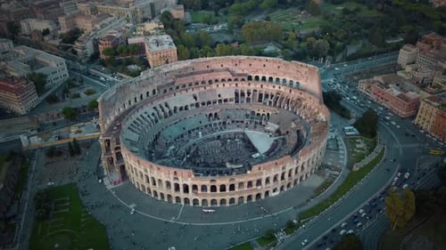 Aerial Circular Shot of Ancient Arena of Colosseum Also Known As the Flavian Amphitheatre in the