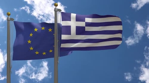 European Union and Greece Flags Waving in Blue Sky