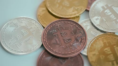 Close Up of Gold, Silver and Bronze Bitcoins