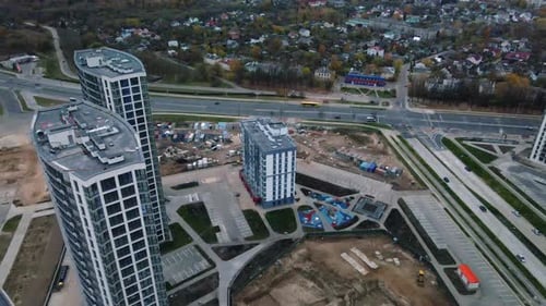 Construction of modern multi-storey buildings. Construction of a new city block.