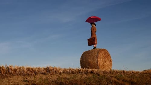girl with suitcase and umbrella is staying on a rolled haystack