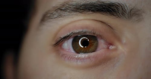 Close up of a man's brown eye opening in a bright studio lighting, slow motion