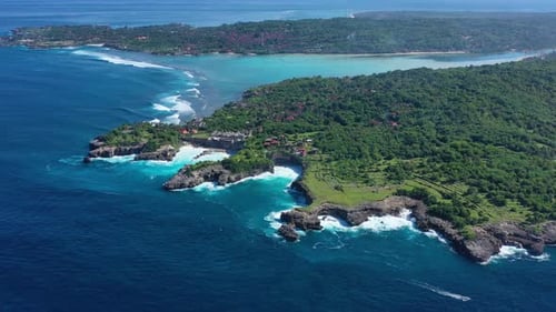 Indonesia. Aerial view at sea and rocks. Turquoise water background from top view.