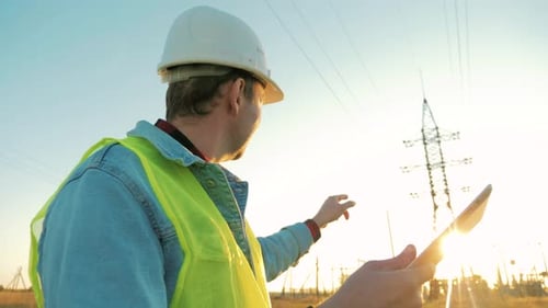 Architect Worker Checking Construction Project On Electric Tower