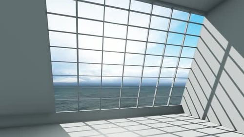 Empty White Room With Bright Light From Windows And Sea Background