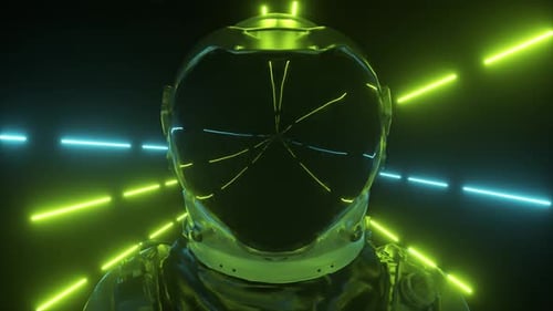 Futuristic Astronaut Head with Reflective Visor in Neon Tunnel