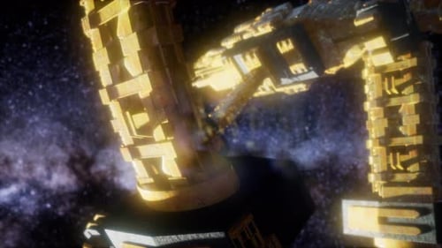 Golden Futuristic Space Station Rotating in Deep Space