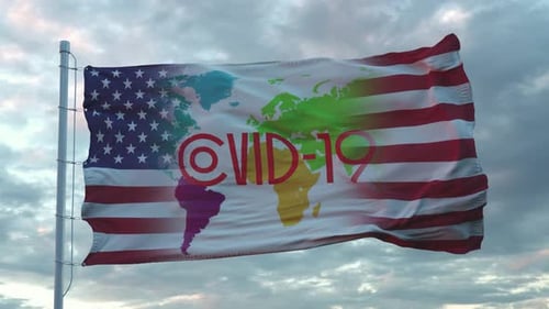 USA Flag Waving with World Map and COVID-19 Reveal