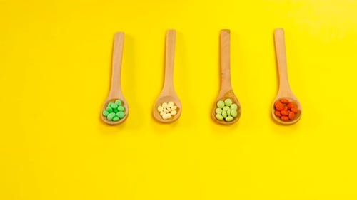 Spoons With Colorful Pills on Yellow Background