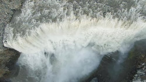 Dettifoss Powerful Waterfall. Iceland. Aerial Top-Down View