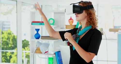 Woman Wearing VR Headset in Bright Office
