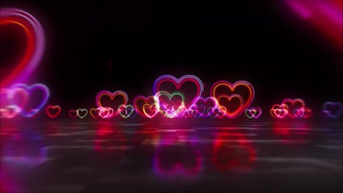 Vibrant Neon Hearts Reflection Loop Background
