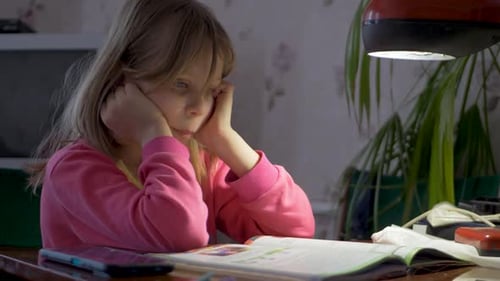 Little School Girl Pupil Teach Mathematic and Counting in Elementary School Online at Home