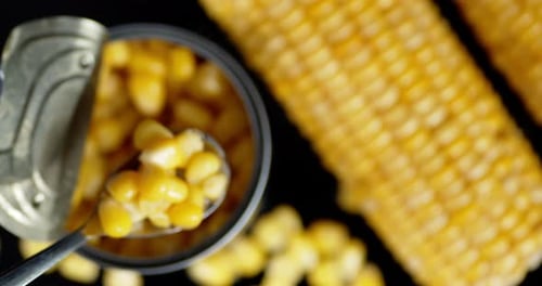 Canned Corn Kernels Scooped with Spoon Close Up