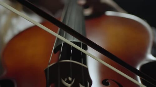 Musician Leads Bow Along Strings of Cello Playing Classical Music Closeup Front View