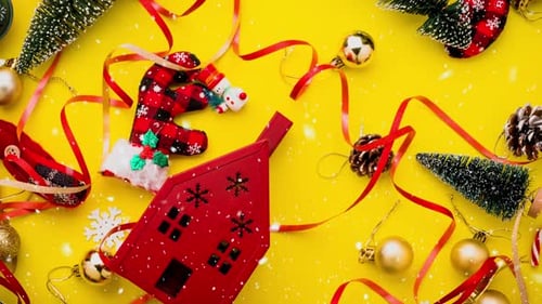 Christmas Holiday Flat Lay With Decorations and Snow