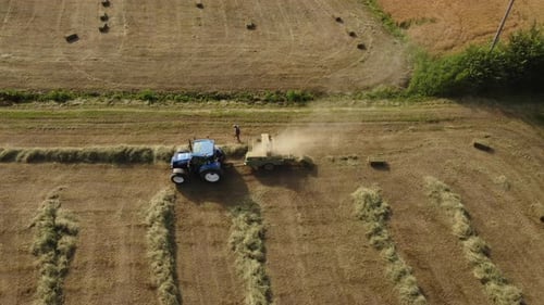 Landwirt mit Traktormaschine arbeitet an Heuballen im landwirtschaftlichen Feld für geerntete Weizen