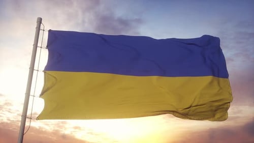 Realistic Ukrainian Flag Waving at Sunset Animation