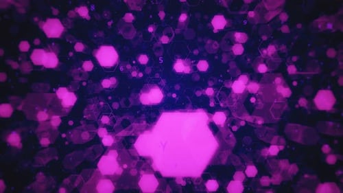 Flying Among Abstract Technological Glowing Hexagons and Hexadecimal Code