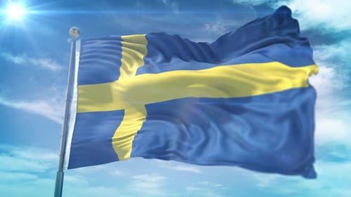 Realistic Swedish Flag Waving Against Blue Sky Animation Loop