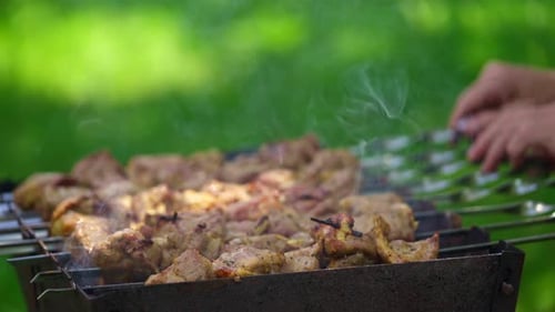 Grilling barbecue meat on wood coal