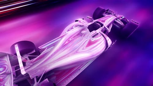 Glowing Neon Race Car Rotating with Fluid Abstract Texture