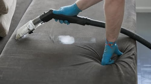 Young Adult Cleans Couch with Professional Steam Cleaner