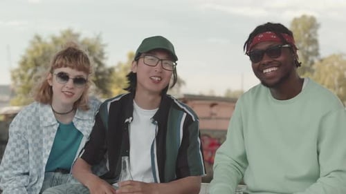 Portrait of Three Gen Z Hipster Friends in Skatepark