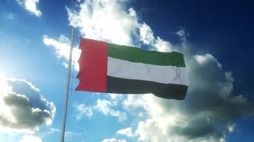 Realistic United Arab Emirates Flag Waving in Blue Sky