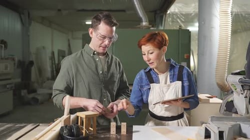 Nice Caucasian Carpenter Discussing Order Details with Customer in Workshop