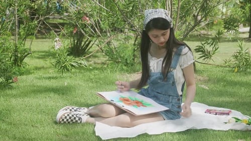 Young asian woman sitting drawing picture with colorful paint brush while leisure in the park.
