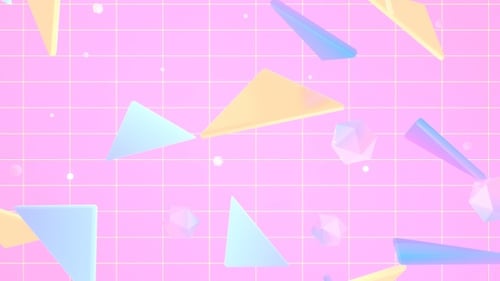 Animated Retro Geometric Shapes Floating on Grid Background