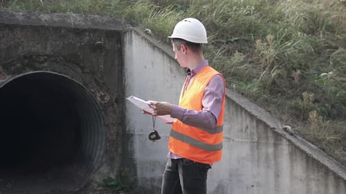Civil engineer checking the progress of the reconstruction of an underground pipe.