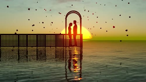 Romantic Couple Silhouette at Sunset with Falling Hearts