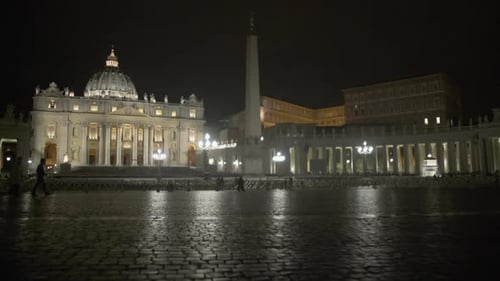 Travellers Walking Night Saint Peter's Square, Viewing Facade of Papal Basilica
