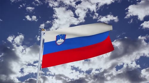 Slovenia National Flag Waving in Realistic Sky with Clouds