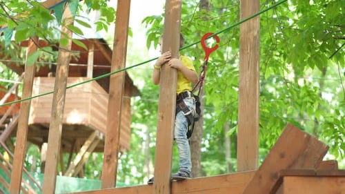 Boy Navigates Ropes Course Adventure in Park