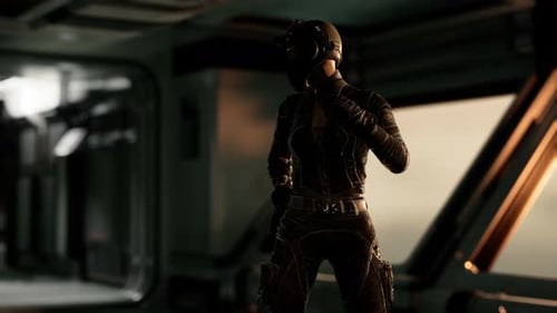 Sexy Futurictic Astronaut in the Space Station